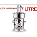 7 Litre Paslanmaz Metal Odunlu Kömürlü Çay Semaveri Büyük Çift Musluklu Odunlu Kömürlü Semaver 7 Lt