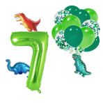 7 Yaş Dinazor Set Rakam Folyo, 3 Adet Mini Dinazor Ve 10 Lu Balon