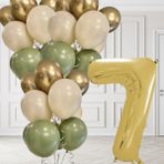 7 Yaş Retro Küf Yeşili Krom Gold Kum Beji Balon Seti Gold Rakam Doğum Günü Balonu Şık Parti Süsleme - Çok Renkli