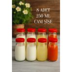 8 Adet 250 ml Şeffaf Sürahi Süt, Ayran, Su, Limonata, Meşrubat Şişesi Plastik Kapaklı Cam Şişe
