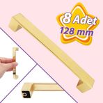 8 Adet Bihter Düz Kulp 128 Mm Altın Mutfak Kulpu Çekmece Dolap Kapak Kulbu Metal Mobilya Dolabı Kulpları