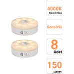8 Adet Sensörlü LED Kabin Işık USB Şarjlı 4000K Doğal Beyaz Işık | Hareket Algılamalı Gece Lambası | Iç Mekan Kullanımına Uygun