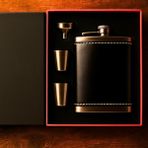 8 Oz 240 cc Rugan Siyah Hakiki Deri Viski Cep Matarası Shot Bardaklı Set Kutulu Babalar Günü Hediye