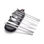 8 Parça Çantalı Yolculuk Çatal Bıçak Kaşık Pipet Chopstick Seti Kamp Okul Ofis Tatil Paslanmaz Çelik Metal