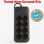 8 Prizli 4 Usb Girişli Akım Korumalı Topraklı Golyat Grup Şarj Fiş Priz 2 Metre Uzatma Kablosu