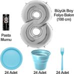 8 Yaş Pasta Mumu - 8 Yaş Folyo Balon - Tabak Bardak Çatal - Mavi