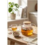 800 ml Borosilikat Isıya Dayanıklı Cam Demlik Bambu Kapaklı Süzgeçli Ateşe Dayanıklı Şık Bitki Çayı