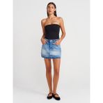80586 Uc Bölümü Izli Mini Denim Etek-Mavi - 34