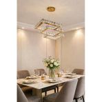 80Lik İç İçe Kare Yemek Masası Gold Kristal Avize