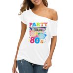 80s kıyafet kadınlar için Vintage 80s Neon gömlek kapalı omuz disko kıyafet 80 parti üstleri 90s giyim 1980s serin kızlar Tees, Parti Beyaz, M