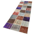 83x297 cm Kırk Yama Mor Yama Pamuklu Yün El Dokuma Modern Geometrik Etnik Eskitme Desenli Boho Oturma Odası Salon Yolluk Koridor Mutfak Halısı