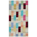 84x155 cm Teselya Bej Patchwork Yün El Dokuma Modern Geometrik Etnik Eskitme Desenli Boho Oturma Odası Salon Yolluk Koridor Mutfak Halısı