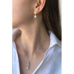 8,5 Mm Oval Baget Taşlı Doğal İnci Sallantı Küpe Kolye İkili Set