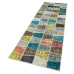 88x309 cm Kırk Yama Mavi Yama Pamuklu Yün El Dokuma Modern Geometrik Etnik Eskitme Desenli Boho Oturma Odası Salon Yolluk Koridor Mutfak Halısı