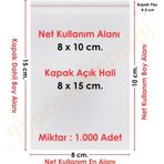 8X10+5 Cm. (8X15) 1.000 Adet Şeffaf Bantlı Yapışkanlı Jelatin Poşet