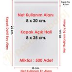 8X20+5 Cm (8X25) 500 Adet Şeffaf Bantlı Yapışkanlı Jelatin Poşet