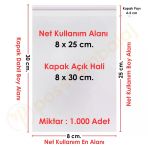 8X25+5 Cm. (8X30) 1.000 Adet Şeffaf Bantlı Yapışkanlı Jelatin Poşet