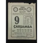 9 Aralık 1981 Çarşamba Sönmez Takvimi Yaprağı (Sahafiye Kitap)