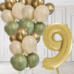 9 Yaş Retro Küf Yeşili Krom Gold Kum Beji Balon Seti Gold Rakam Doğum Günü Balonu Şık Parti Süsleme - Çok Renkli