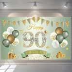 90. doğum günü afişi dekoratif kadın erkek yeşil altın 90 arka plan afişi 90 yaş doğum günü afişi ekstra büyük kumaş levha poster 90. doğum günü partisi dekorasyonu için