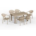 90 x 150 Bambu Plastik Rattan Camsız Bahçe Balkon Teras Masa Sandalye Takımı 6 Kolçaklı Sandalyeli (Krem)
