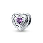 925 Ayar Gümüş 'Forever Sister' Kalp Charm, Mor Zirkon Taşlı, Kolye ve Bileklik için Uyumlu