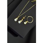 925 Ayar Gümüş Gold Kaplama Beyaz Opal Yuvarlak Kolye Çivili Ve Halka Küpe Set
