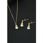 925 Ayar Gümüş Gold Kaplama Beyaz Opal Yuvarlak Kolye Ve Çivili Küpe Set