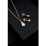 925 Ayar Gümüş Gold Kaplama Beyaz Opal Yuvarlak Kolye Ve Çivili Top Küpe Set