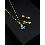 925 Ayar Gümüş Gold Kaplama Mavi Opal Yuvarlak Kolye Çivili Top Küpe Set
