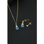 925 Ayar Gümüş Gold Kaplama Mavi Opal Yuvarlak Kolye Çivili Ve Top Küpe Set