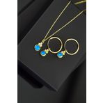 925 Ayar Gümüş Gold Kaplama Mavi Opal Yuvarlak Kolye Ve Çift Halka Küpe