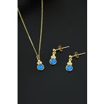 925 Ayar Gümüş Gold Kaplama Mavi Opal Yuvarlak Kolye Ve Çiftli Küpe
