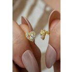 925 Ayar Gümüş Gold Kaplama Minik Tektaş Kalp Küpe