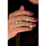 925 Ayar Gümüş Gold Kaplama Özel Tasarım Beyaz-Mavi Opal Kolye Ve Beyaz Opal Lale Küpe Set