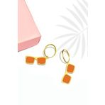 925 Ayar Gümüş Gold Kaplama Rüya Serisi, Turuncu Mineli Brooklyn Model Gözlük Küpe