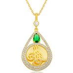 925 Ayar Gümüş Gold Kaplama Yeşil Taşlı Damla Tuğralı Kadın Kolye