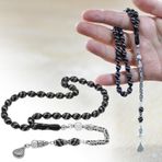925 Ayar Gümüş Kral Zincir Püsküllü Çift Sıra Gümüş Spiral İşlemeli Arpa Kesim Erzurum Oltu Taşı Tesbih