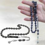 925 Ayar Gümüş Kral Zincir Püsküllü Ekose Motifli Gümüş-Firuze İşlemeli Arpa Kesim Erzurum Oltu Taşı Tesbih