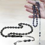 925 Ayar Gümüş Kral Zincir Püsküllü Gümüş-Firuze İşlemeli Arpa Kesim Erzurum Oltu Taşı Tesbih