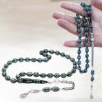 925 Ayar Gümüş Kral Zincir Püsküllü Gümüş-Firuze İşlemeli Erzurum Oltu Taşı Tesbih