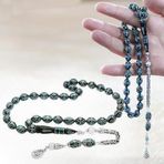 925 Ayar Gümüş Kral Zincir Püsküllü Gümüş-Firuze İşlemeli Erzurum Oltu Taşı Tesbih