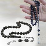 925 Ayar Gümüş Kral Zincir Püsküllü Gümüş-Firuze-Mercan İşlemeli Küre Kesim Erzurum Oltu Taşı Tesbih