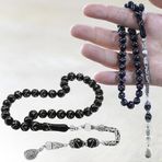925 Ayar Gümüş Kral Zincir Püsküllü Gümüş İşlemeli Küre Kesim Erzurum Oltu Taşı Tesbih