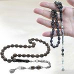 925 Ayar Gümüş Kral Zincir Püsküllü Gümüş-Mercan İşlemeli Arpa Kesim Erzurum Oltu Taşı Tesbih