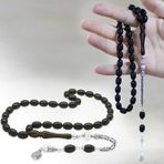 925 Ayar Gümüş Kral Zincir Püsküllü Sülün İmame Beyzi Kesim Siyah - Sarı Hareli Katalin Tesbih