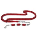 925 Ayar Gümüş Püsküllü Kesme Kesim Bayrak Kırmızı Ateş Kehribar Tesbih