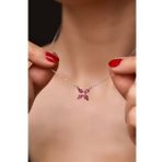 925 Ayar Gümüş Rodyum Kaplama Fuşya Zirkon Taşlı Plumeria Kolye