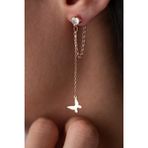 925 Ayar Gümüş Rose Kaplama 5 Mm Tektaş Sallantılı Zincir Taşsız Kelebek Küpe