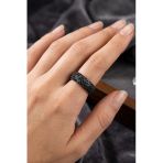 925 Ayar Gümüş Yüzük 5 Sıra Siyah Zirkon Taşlı Kalın Tamtur Yüzük - Lüks Rose Gold Kaplama Alyans